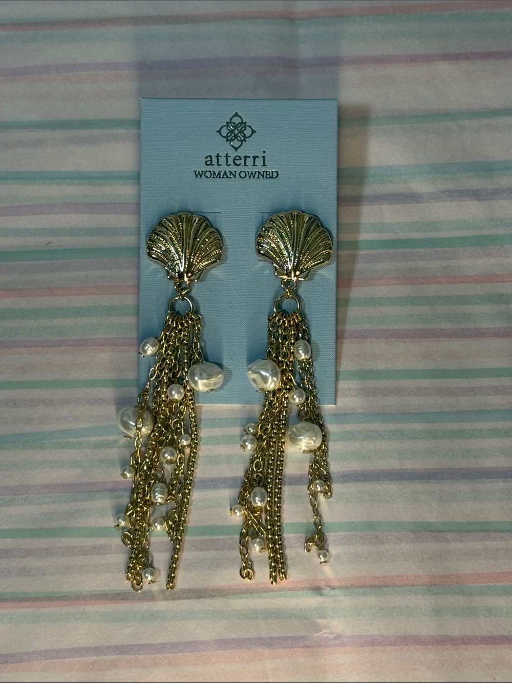 Atterri Gold Shell Drop Earrings with Pearl Tassels